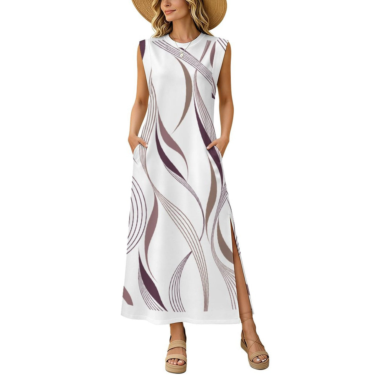 Woman Vanessa Collection Loose Sleeveless Slit Maxi Dress(All-Over Printing)