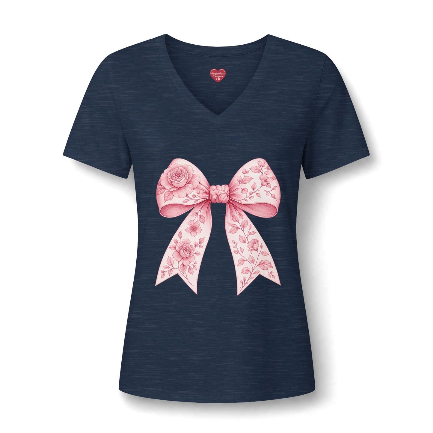 Floral Pink Bow V-Neck Tee — Women's Romantic Rose Ribbon Shirt