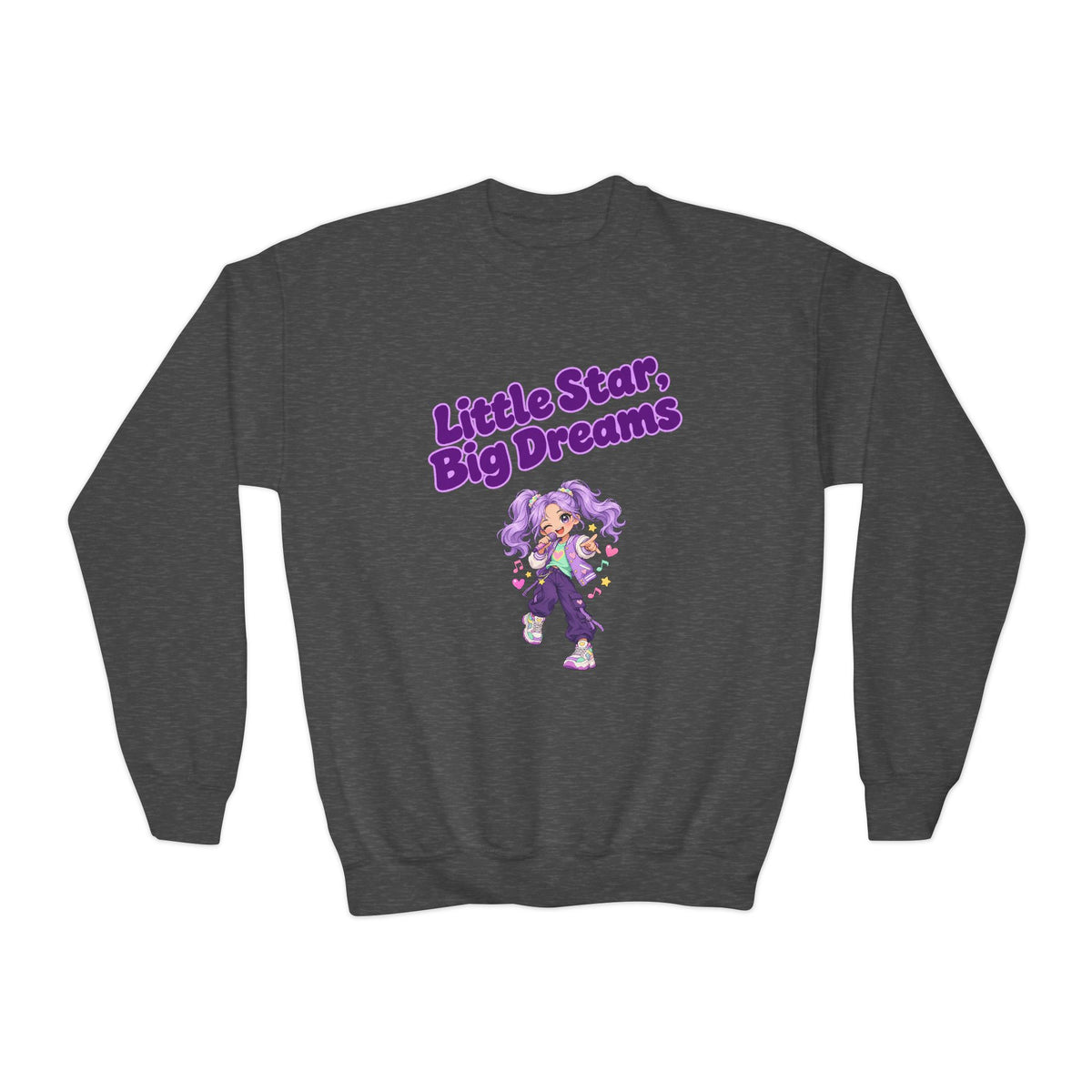 Youth Crewneck Sweatshirt — "Little Star, Big Dreams" Purple Cartoon Graphic