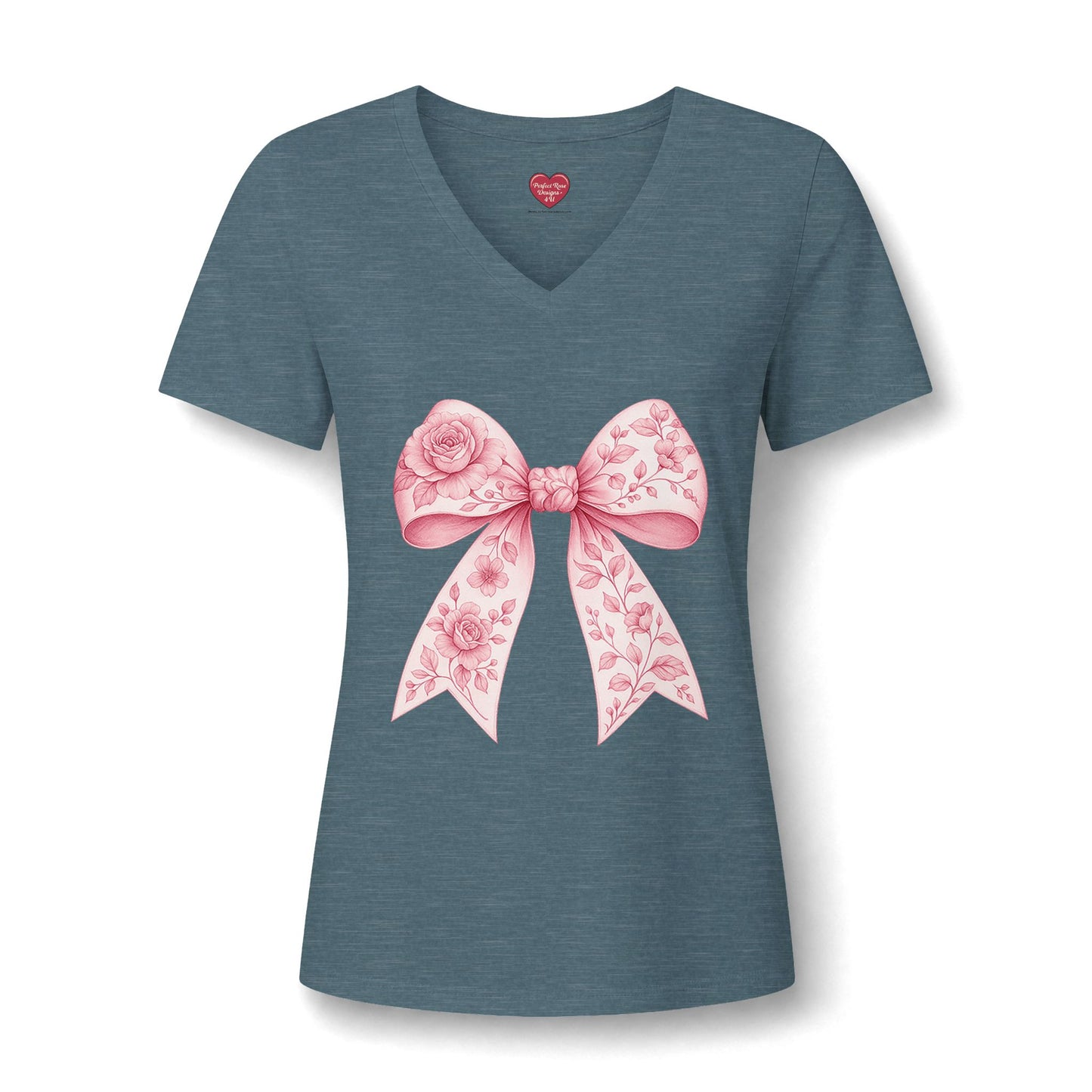 Floral Pink Bow V-Neck Tee — Women's Romantic Rose Ribbon Shirt