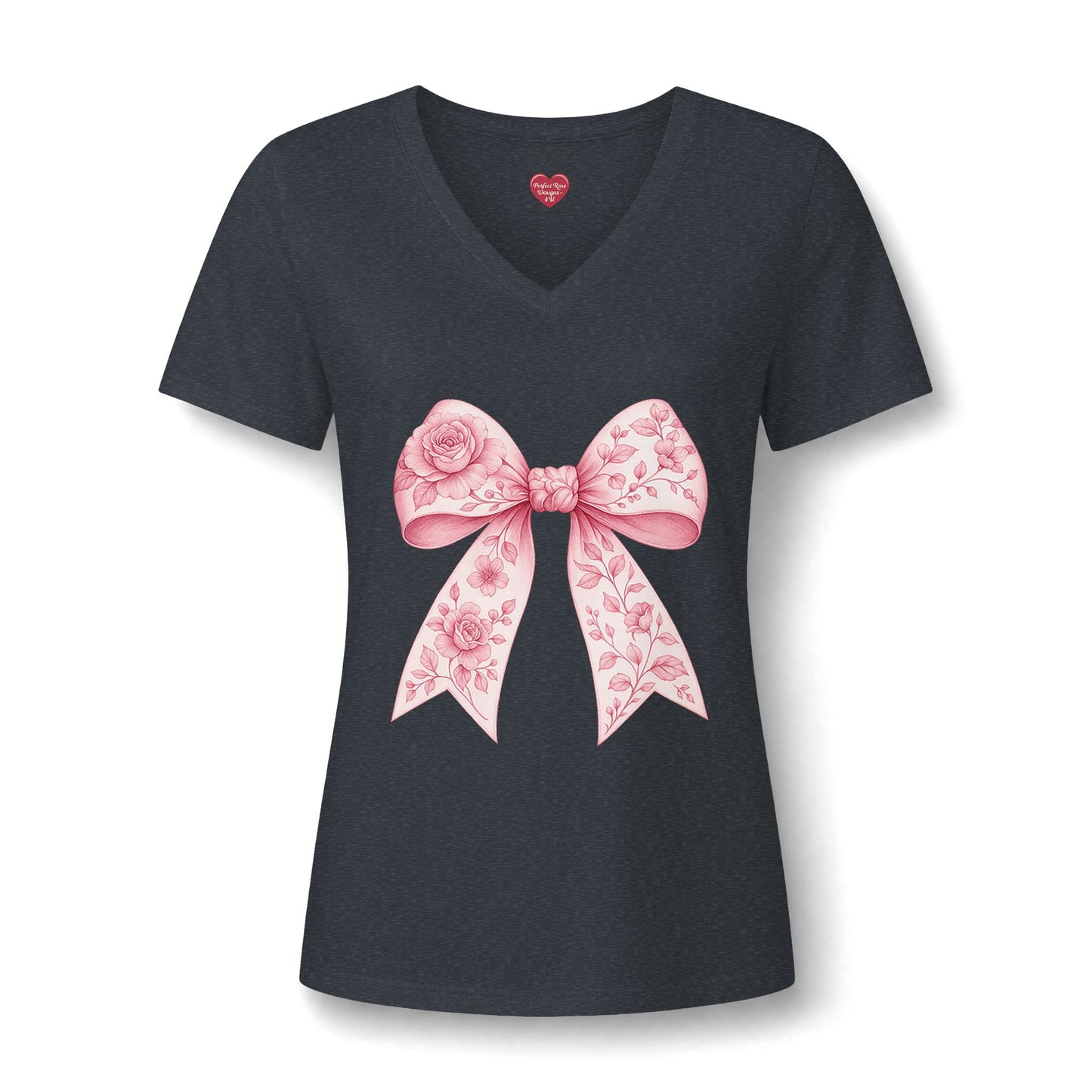 Floral Pink Bow V-Neck Tee — Women's Romantic Rose Ribbon Shirt