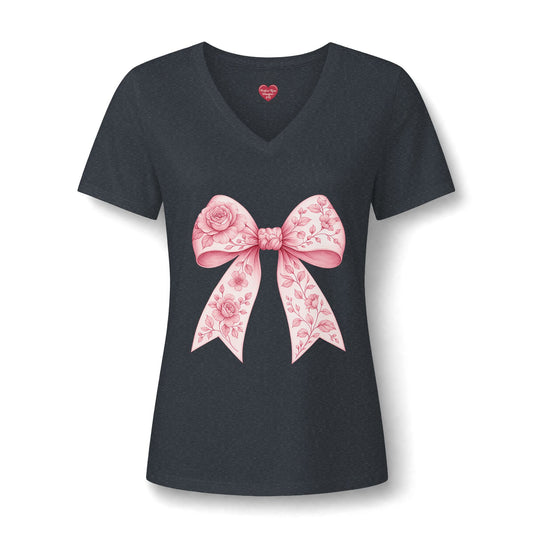 Floral Pink Bow V-Neck Tee — Women's Romantic Rose Ribbon Shirt