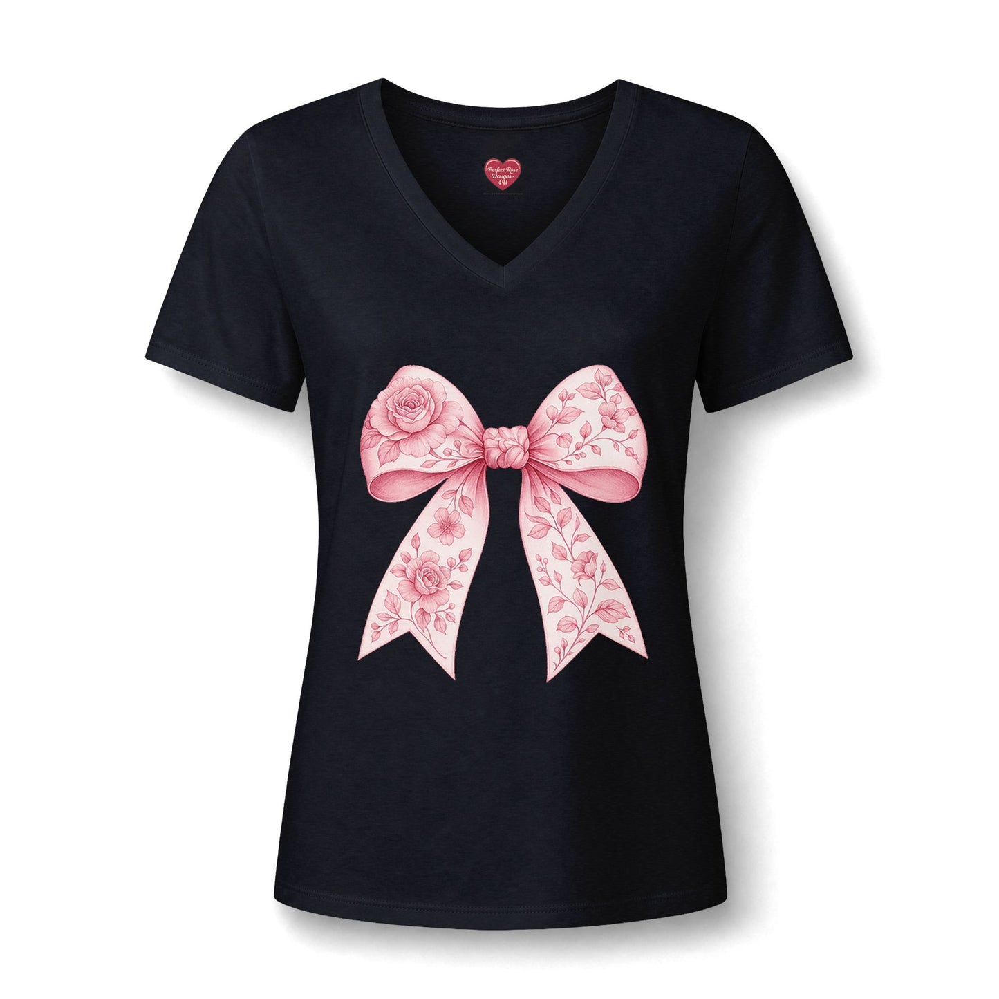 Floral Pink Bow V-Neck Tee — Women's Romantic Rose Ribbon Shirt