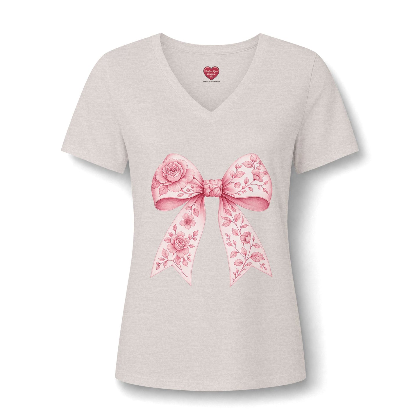 Floral Pink Bow V-Neck Tee — Women's Romantic Rose Ribbon Shirt
