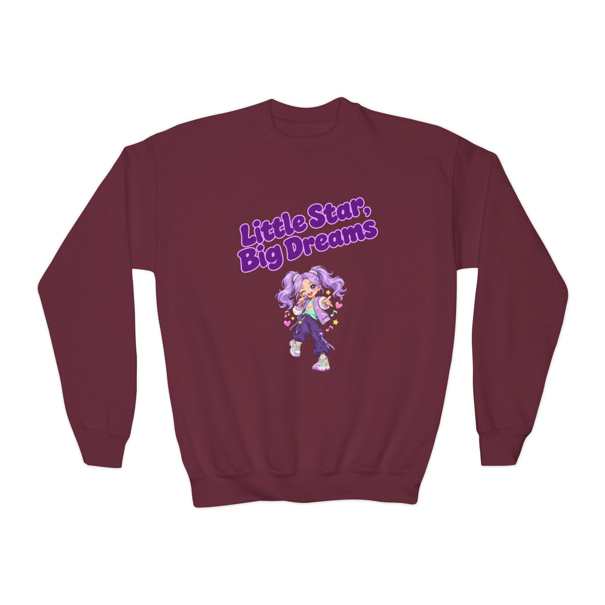 Youth Crewneck Sweatshirt — "Little Star, Big Dreams" Purple Cartoon Graphic