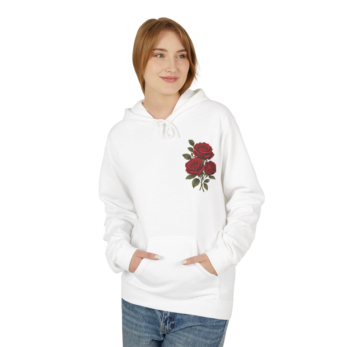 Rose Bouquet Pocket Hoodie – Vintage Red Floral Chest Print
