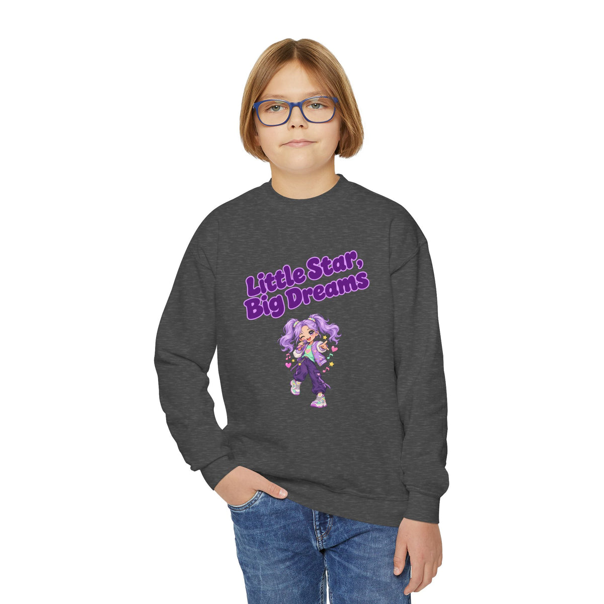 Youth Crewneck Sweatshirt — "Little Star, Big Dreams" Purple Cartoon Graphic