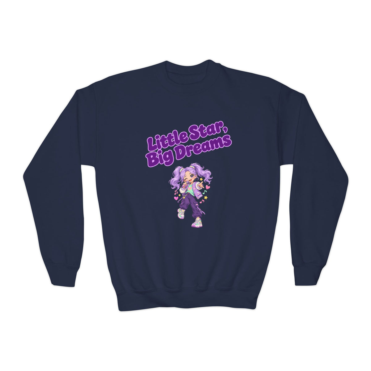 Youth Crewneck Sweatshirt — "Little Star, Big Dreams" Purple Cartoon Graphic