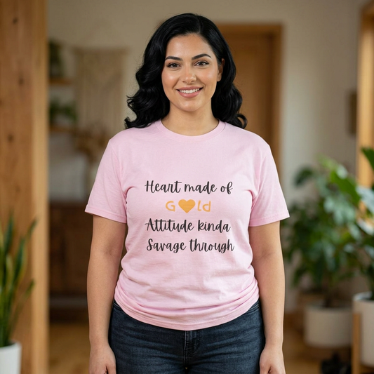 T-Shirt — "Heart Made of Gold, Attitude Kinda Savage Through" Graphic Tee