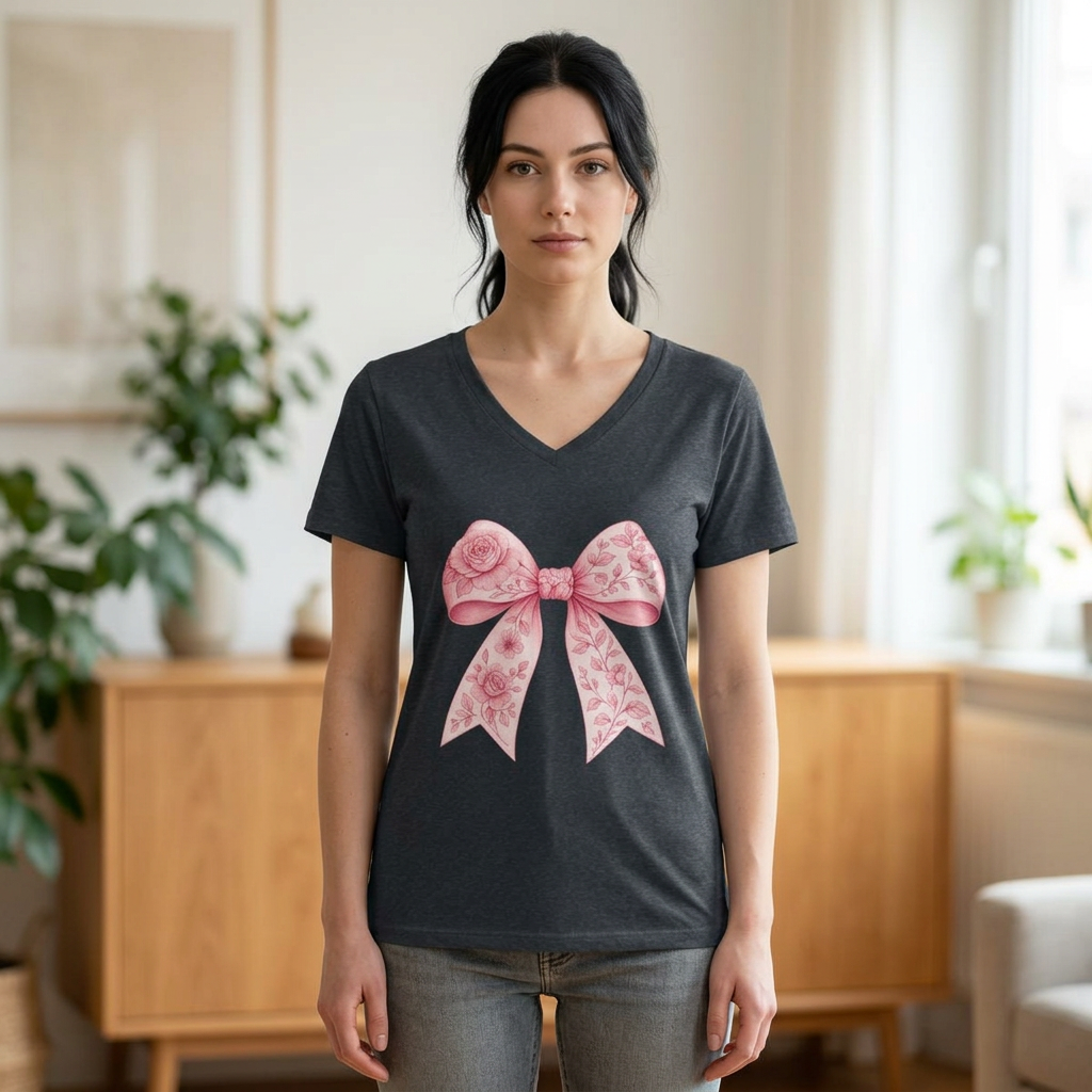 Floral Pink Bow V-Neck Tee — Women's Romantic Rose Ribbon Shirt