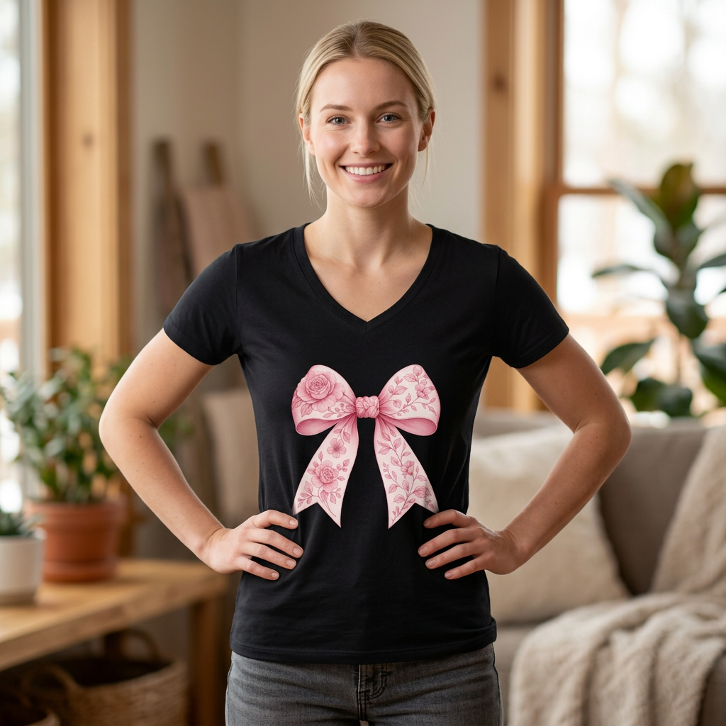 Floral Pink Bow V-Neck Tee — Women's Romantic Rose Ribbon Shirt