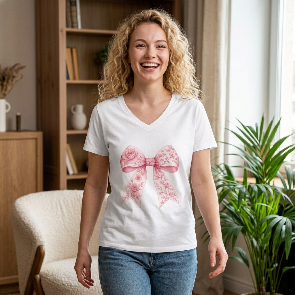 Floral Pink Bow V-Neck Tee — Women's Romantic Rose Ribbon Shirt