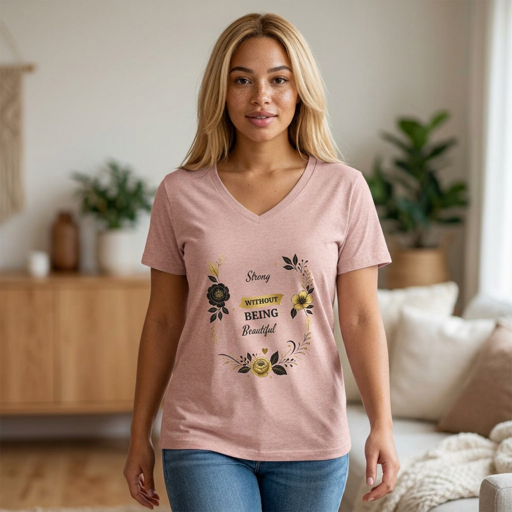 V-Neck Tee — "Strong Without Being Brutal" Floral Inspirational Women's Shirt