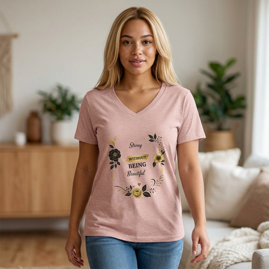 V-Neck Tee — "Strong Without Being Brutal" Floral Inspirational Women's Shirt