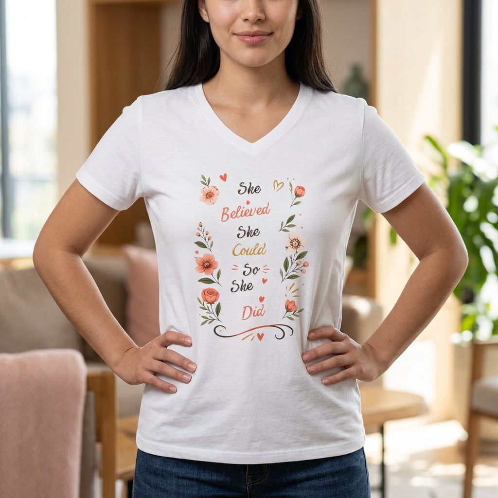 She Believed She Could So She Did V-Neck Tee — Floral Inspirational Women's Shirt