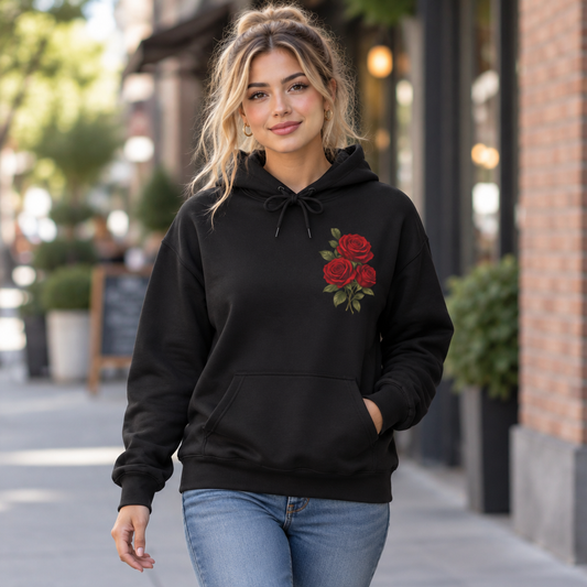 Rose Bouquet Pocket Hoodie – Vintage Red Floral Chest Print