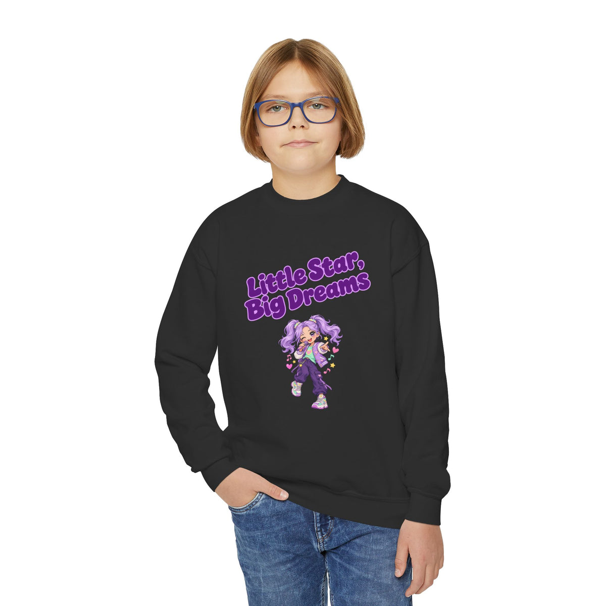 Youth Crewneck Sweatshirt — "Little Star, Big Dreams" Purple Cartoon Graphic
