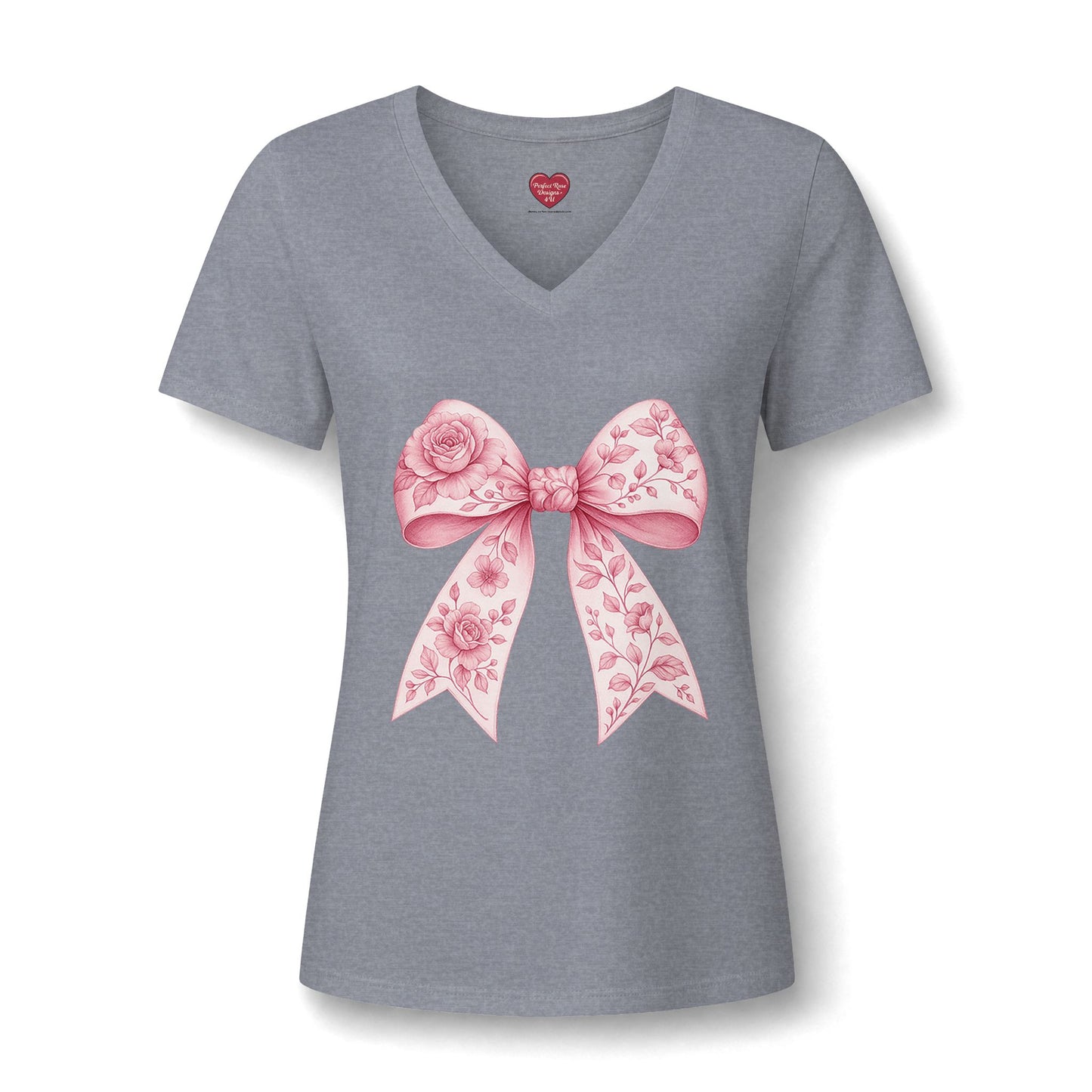 Floral Pink Bow V-Neck Tee — Women's Romantic Rose Ribbon Shirt