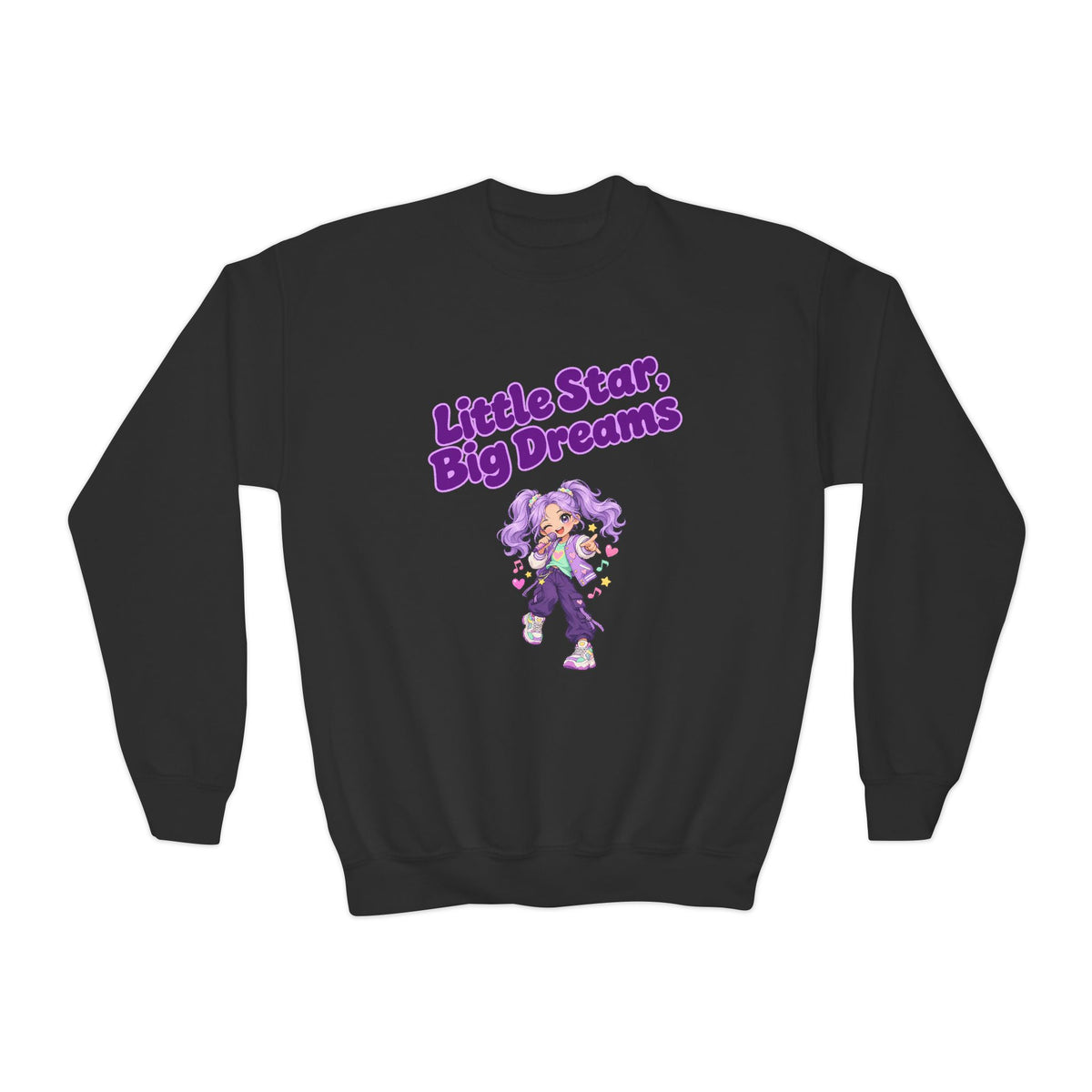 Youth Crewneck Sweatshirt — "Little Star, Big Dreams" Purple Cartoon Graphic