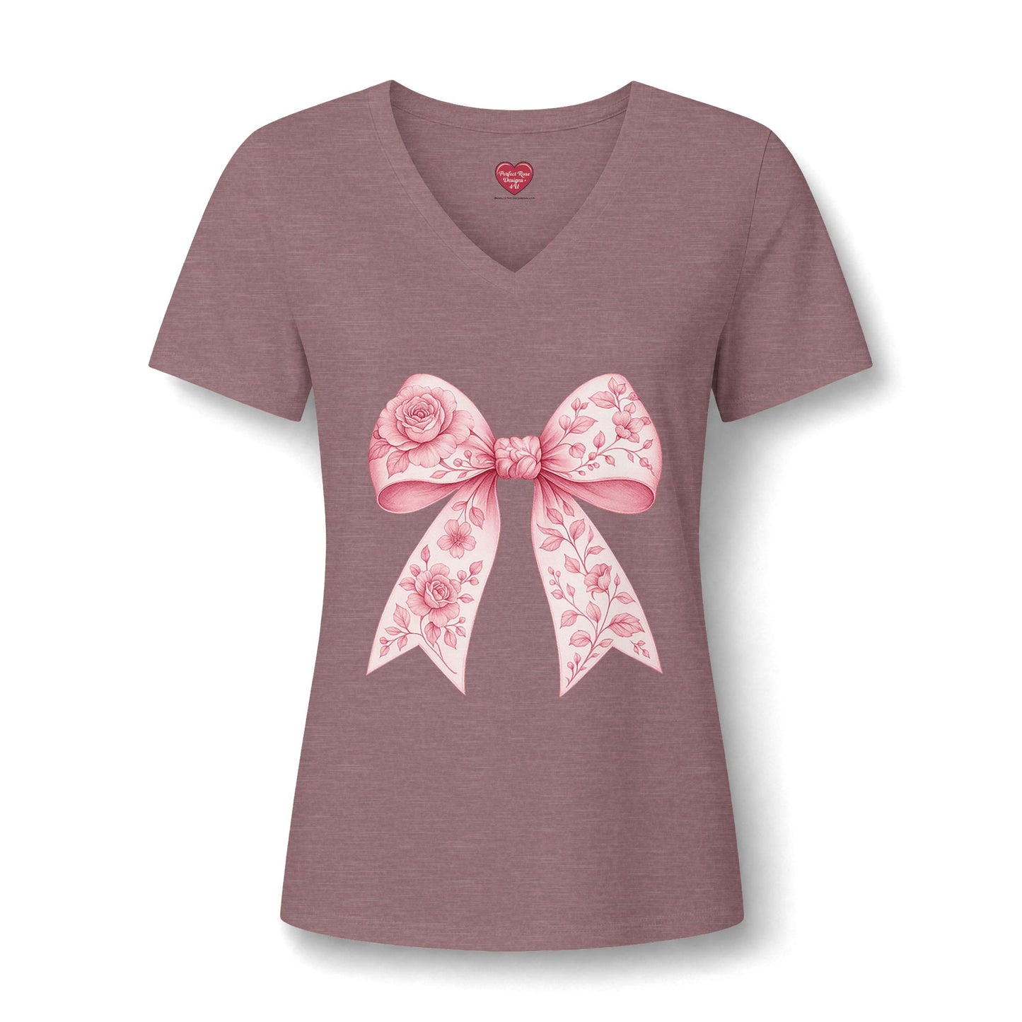Floral Pink Bow V-Neck Tee — Women's Romantic Rose Ribbon Shirt