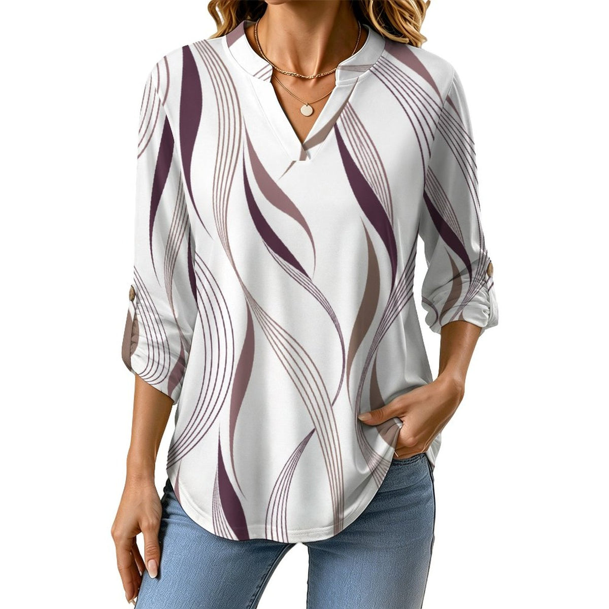 Ladies Vanessa V-Neck Quarter Sleeved Shirt(All-Over Printing)