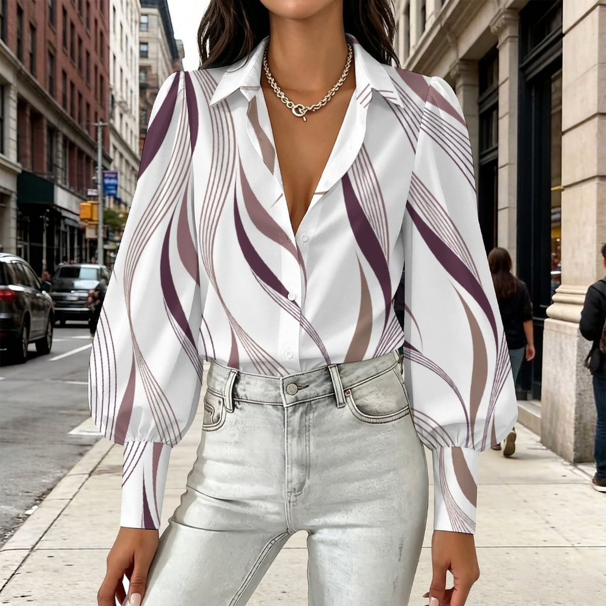 Women's  Vanessa collection Satin Lantern Sleeve Long Sleeve Blouse(All-Over Printing)