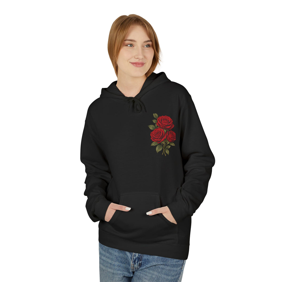 Rose Bouquet Pocket Hoodie – Vintage Red Floral Chest Print
