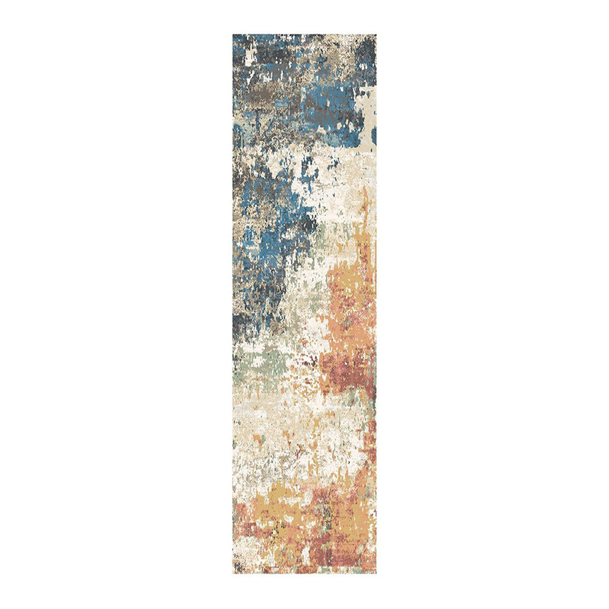 8' Beige Blue and Ivory Abstract Distressed Runner Rug With Fringe-1