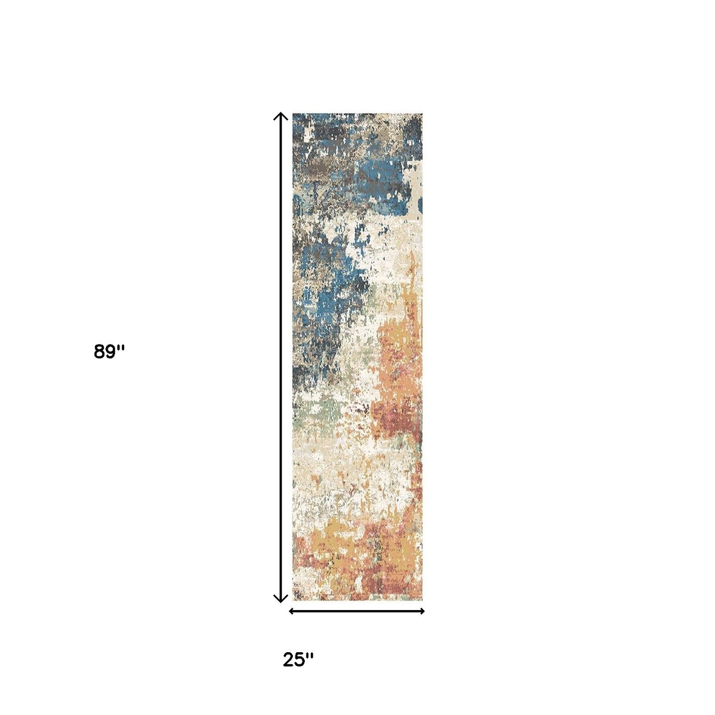 8' Beige Blue and Ivory Abstract Distressed Runner Rug With Fringe-2