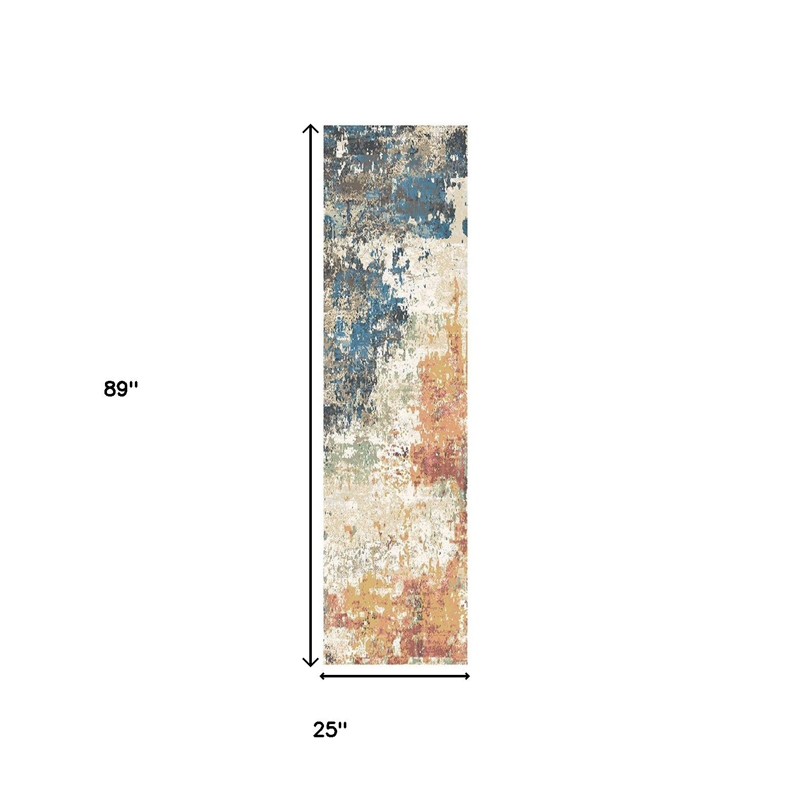 8' Beige Blue and Ivory Abstract Distressed Runner Rug With Fringe-2
