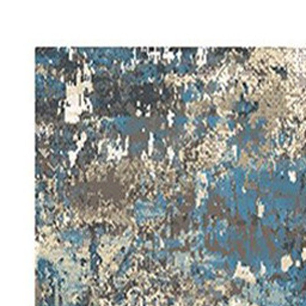 8' Beige Blue and Ivory Abstract Distressed Runner Rug With Fringe-3