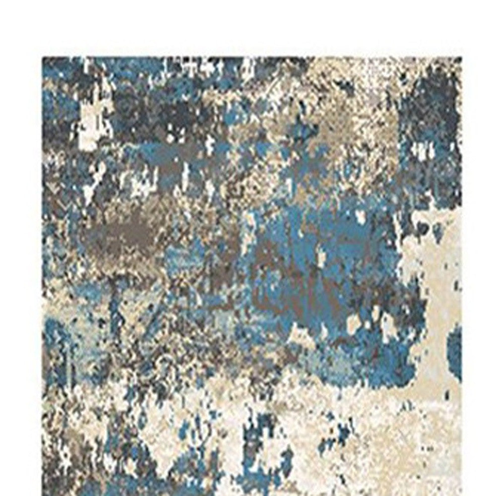 8' Beige Blue and Ivory Abstract Distressed Runner Rug With Fringe-4
