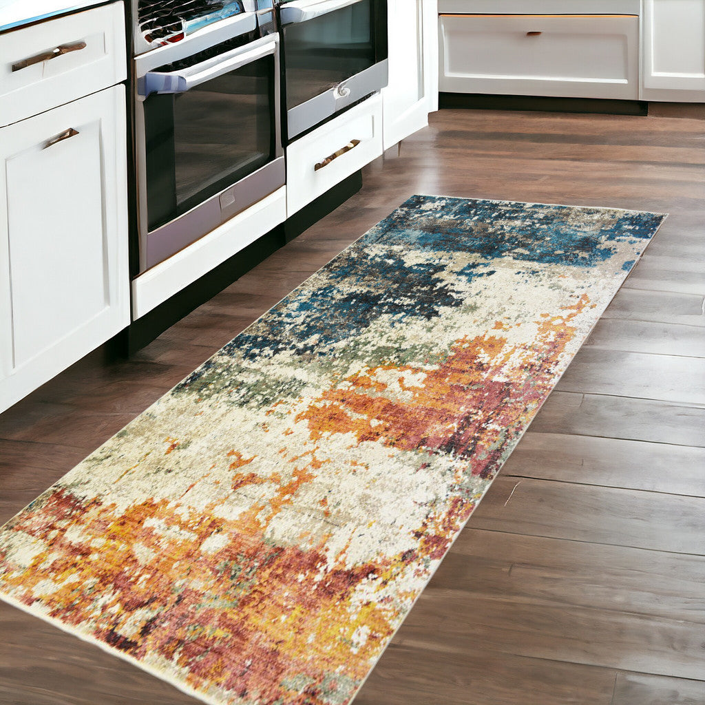 8' Beige Blue and Ivory Abstract Distressed Runner Rug With Fringe-5