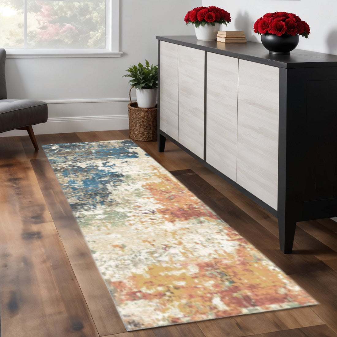8' Beige Blue and Ivory Abstract Distressed Runner Rug With Fringe-0