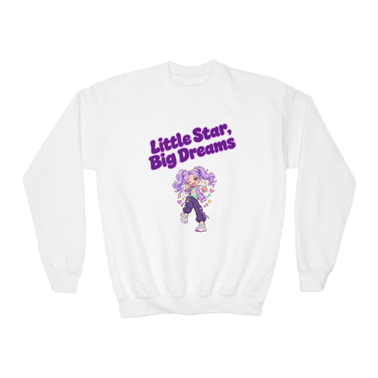 Youth Crewneck Sweatshirt — "Little Star, Big Dreams" Purple Cartoon Graphic