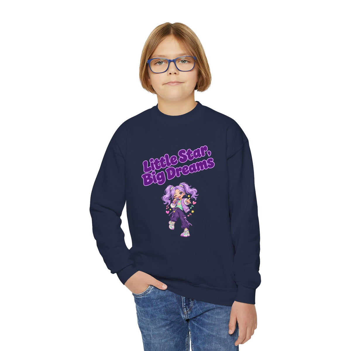 Youth Crewneck Sweatshirt — "Little Star, Big Dreams" Purple Cartoon Graphic