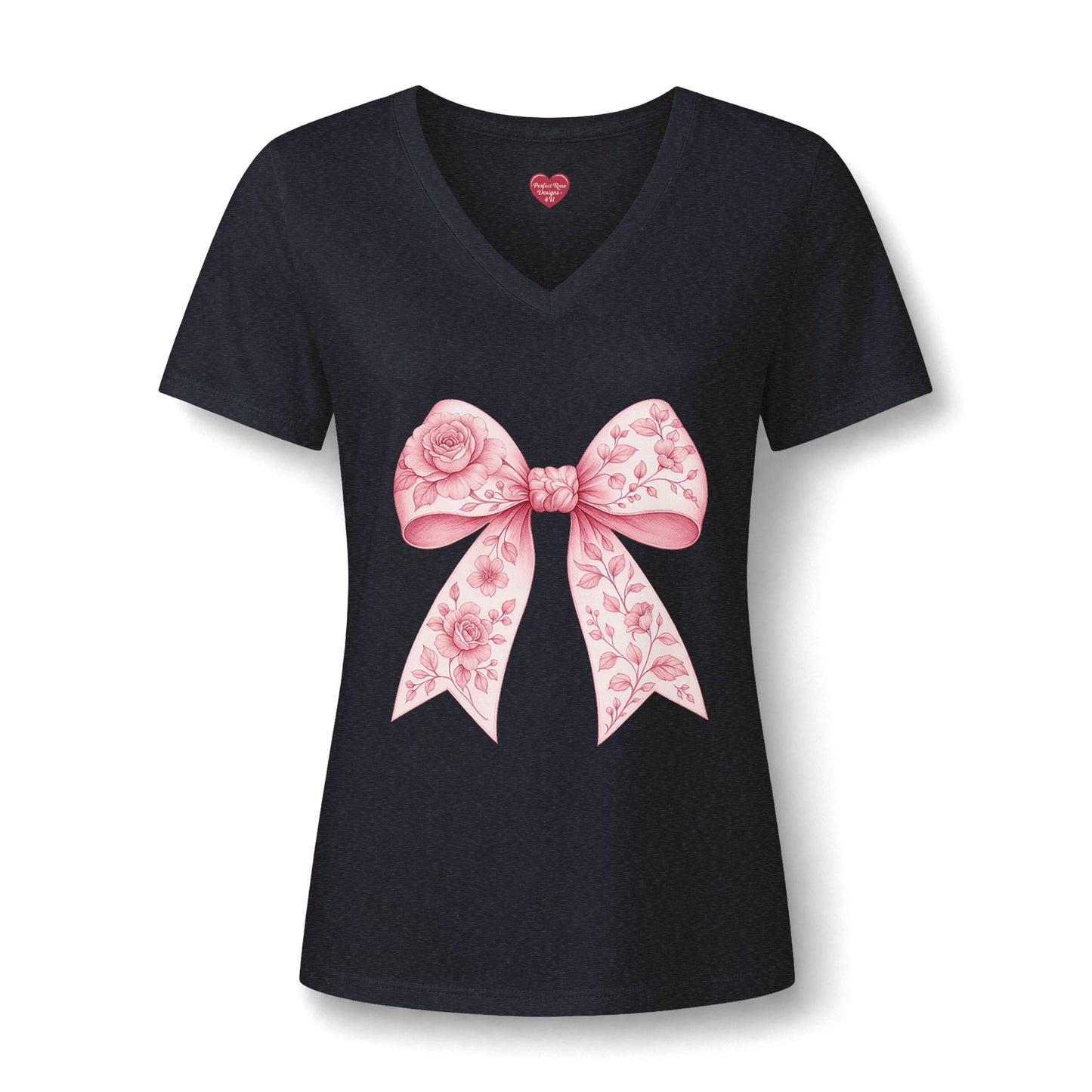 Floral Pink Bow V-Neck Tee — Women's Romantic Rose Ribbon Shirt