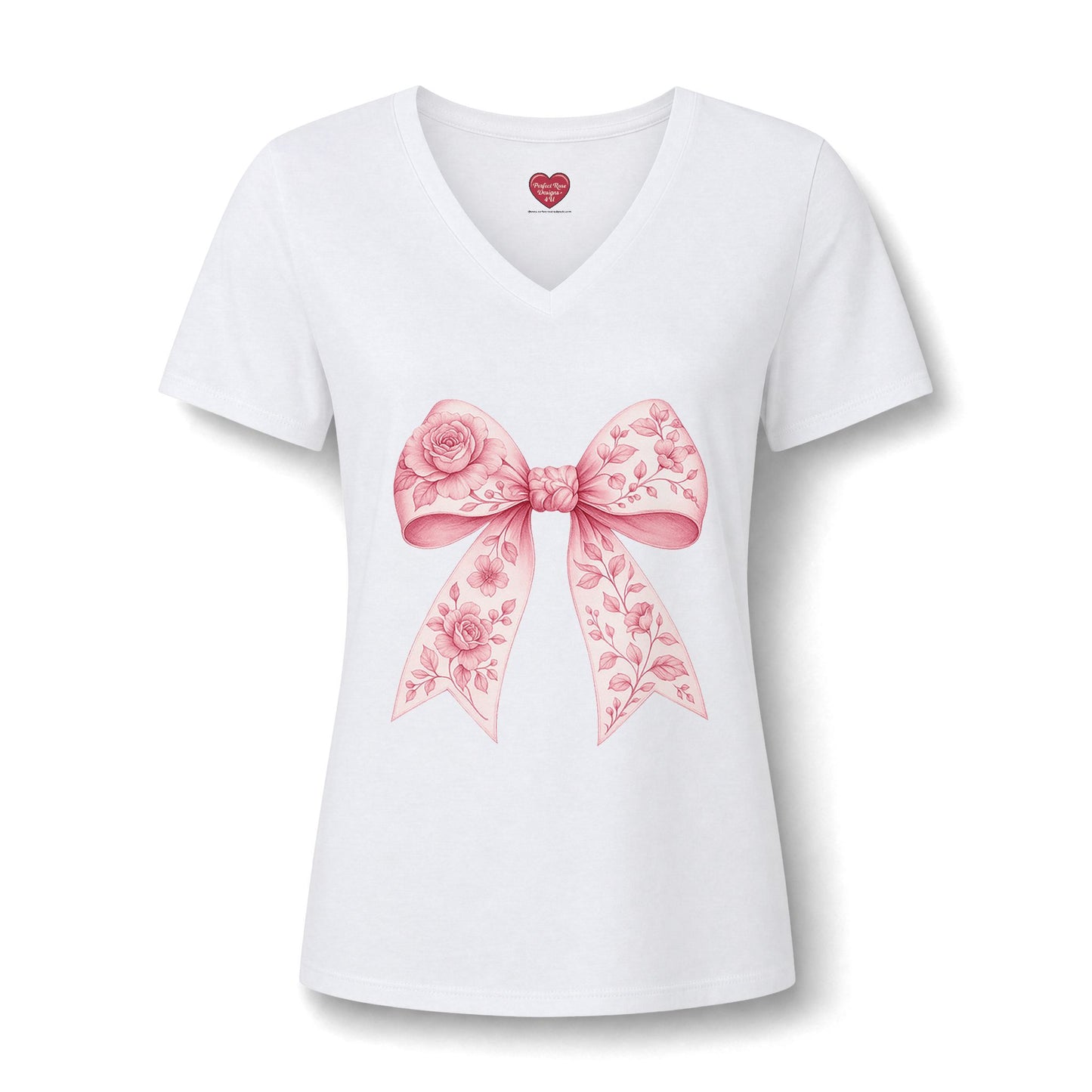 Floral Pink Bow V-Neck Tee — Women's Romantic Rose Ribbon Shirt