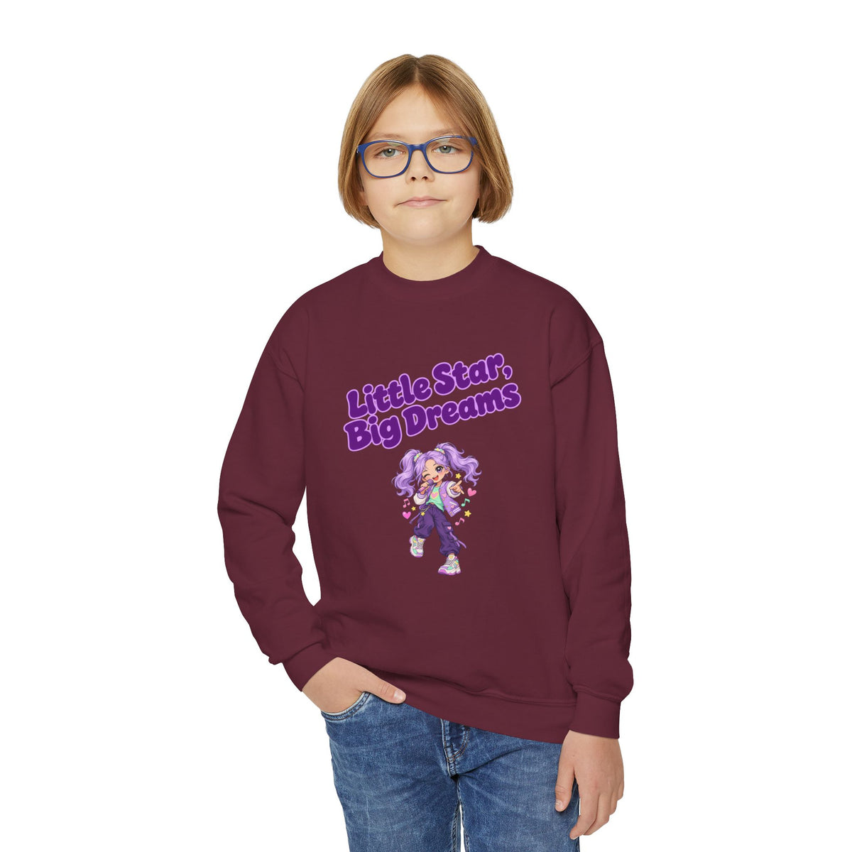 Youth Crewneck Sweatshirt — "Little Star, Big Dreams" Purple Cartoon Graphic