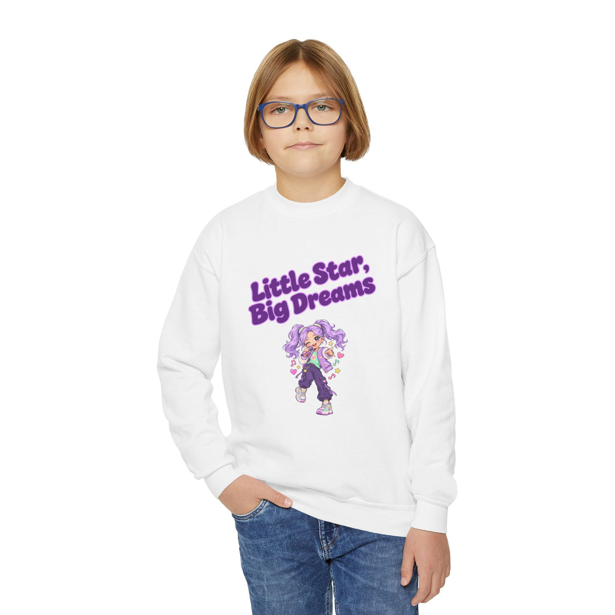 Youth Crewneck Sweatshirt — "Little Star, Big Dreams" Purple Cartoon Graphic